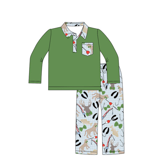 Green fishing shirt matching pants kids outfit set preorder