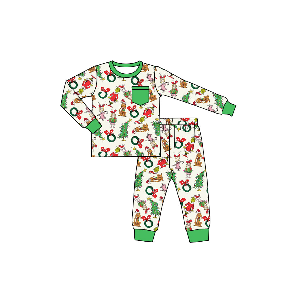Christmas green face kids boys long sleeve  outfit preorder