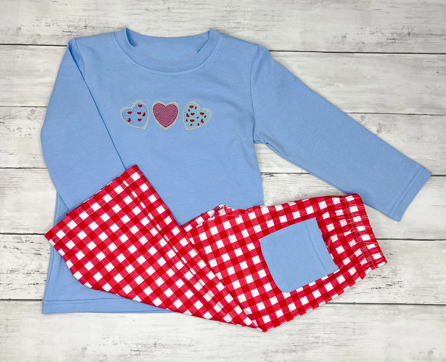 Valentines heart blue top red plaid pants girls long sleeve outfit preorder