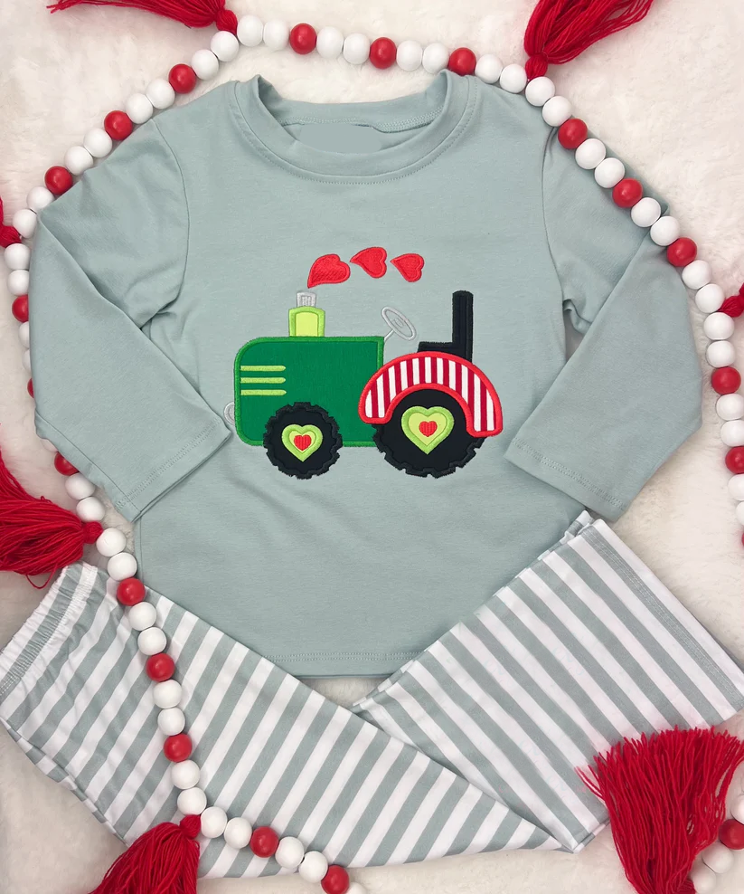 Valentines heart tractor top stripes pants boys long sleeve outfit preorder