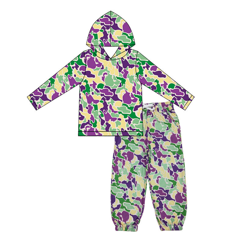 Mardi Gras camo print boys long sleeve outfit preorder