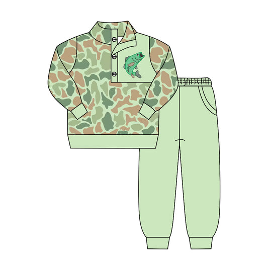 Fishing camo long sleeve pullover top matching pants outfit preorder