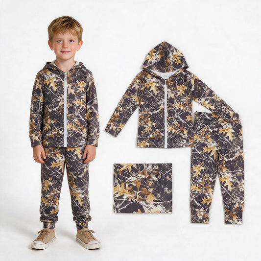 Leaves print boys long sleeve hoodie set outfit
