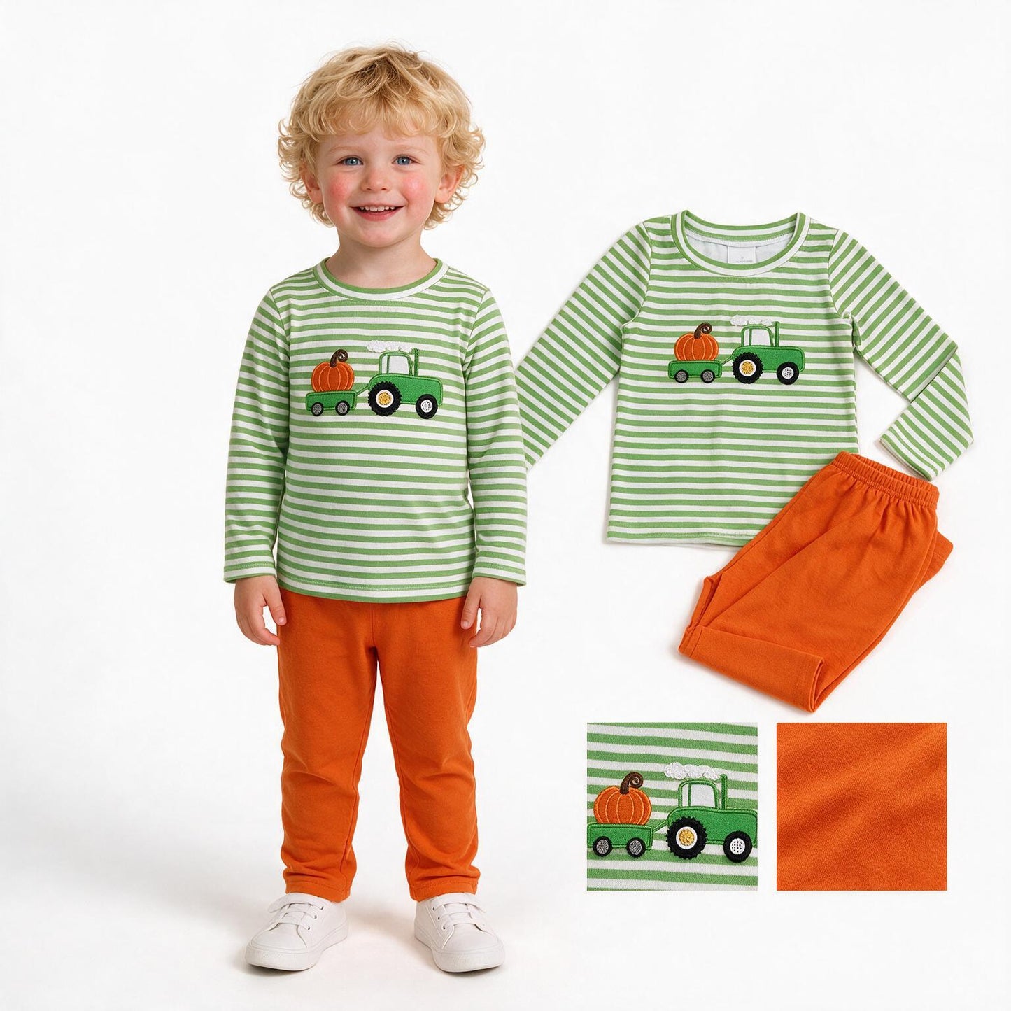 Boy long sleeve embroidery pumpkin truck top matching pants boy spring fall outfit