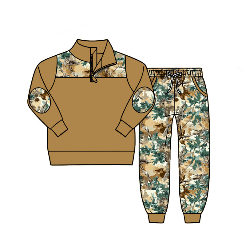 Brown long sleeve pullover matching pants boy spring fall outfit preorder