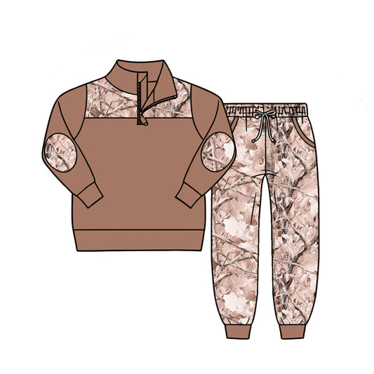 Lt Brown long sleeve pullover matching pants boy spring fall outfit preorder