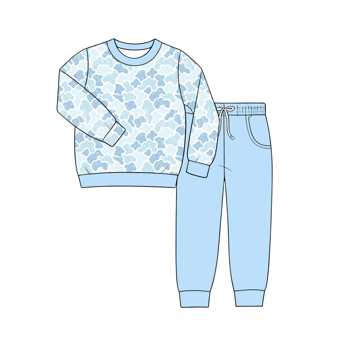 Blue camo top matching pants boys long sleeve set outfit preorder