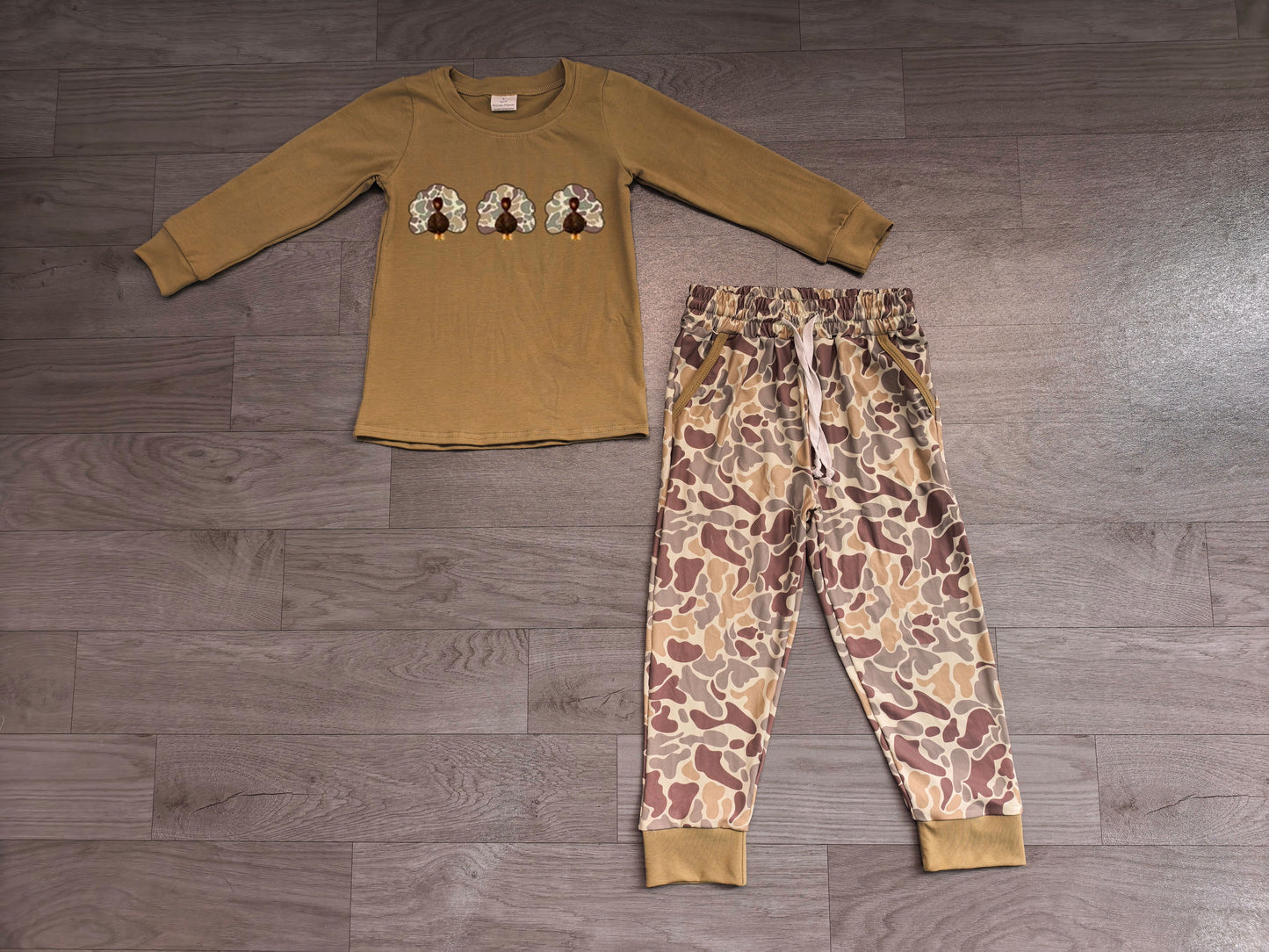 Thanksgiving camo embroidery turkey pumpkin long sleeve top matching legging boy outfit preorder