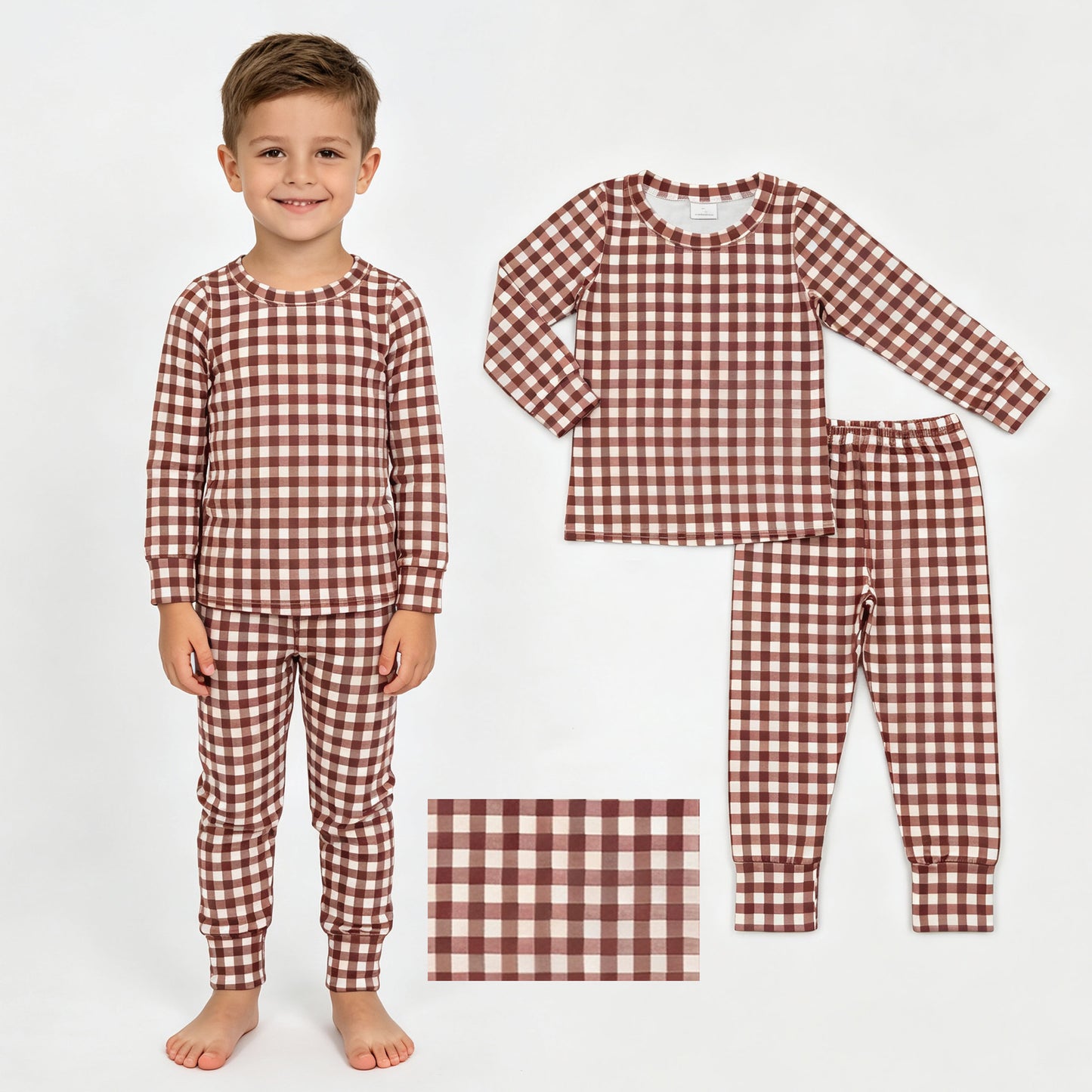 Plaid print long sleeve top matching pants boy outfit