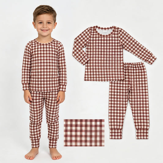 Plaid print long sleeve top matching pants boy outfit