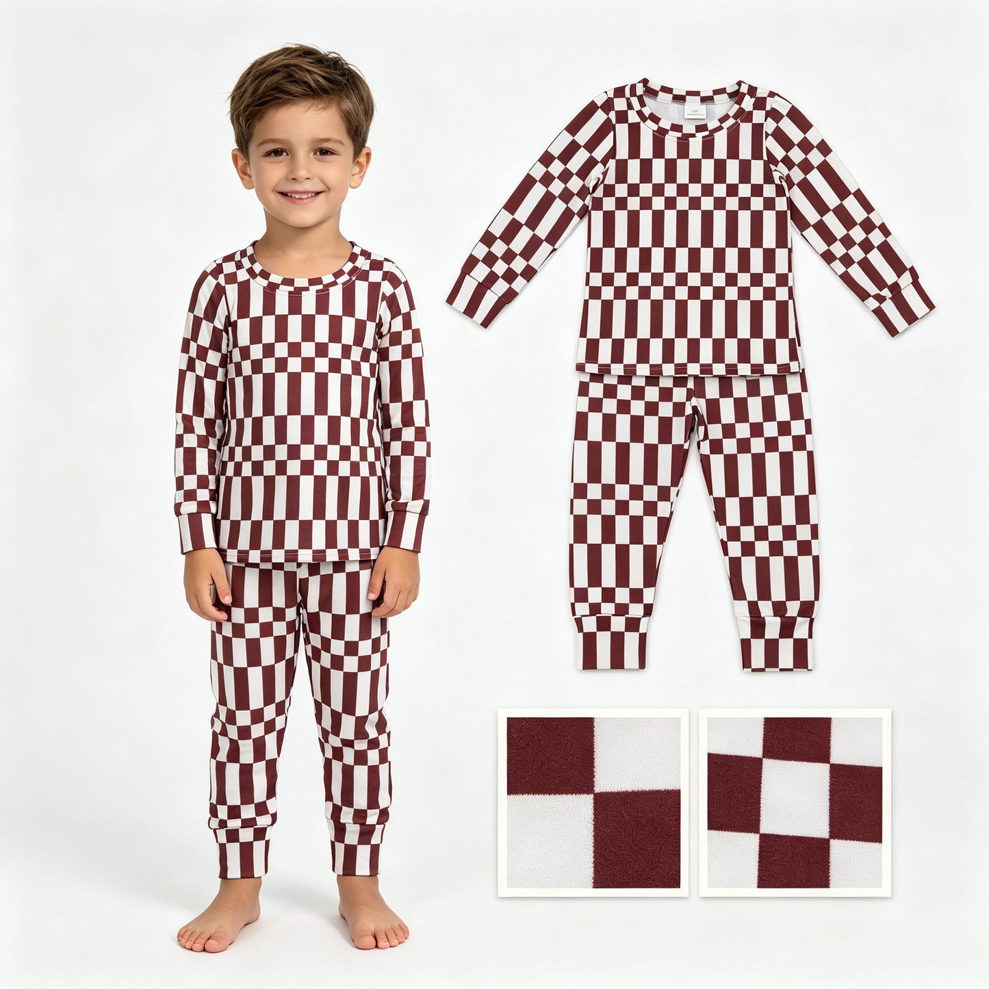 Plaid print long sleeve top matching pants boy outfit