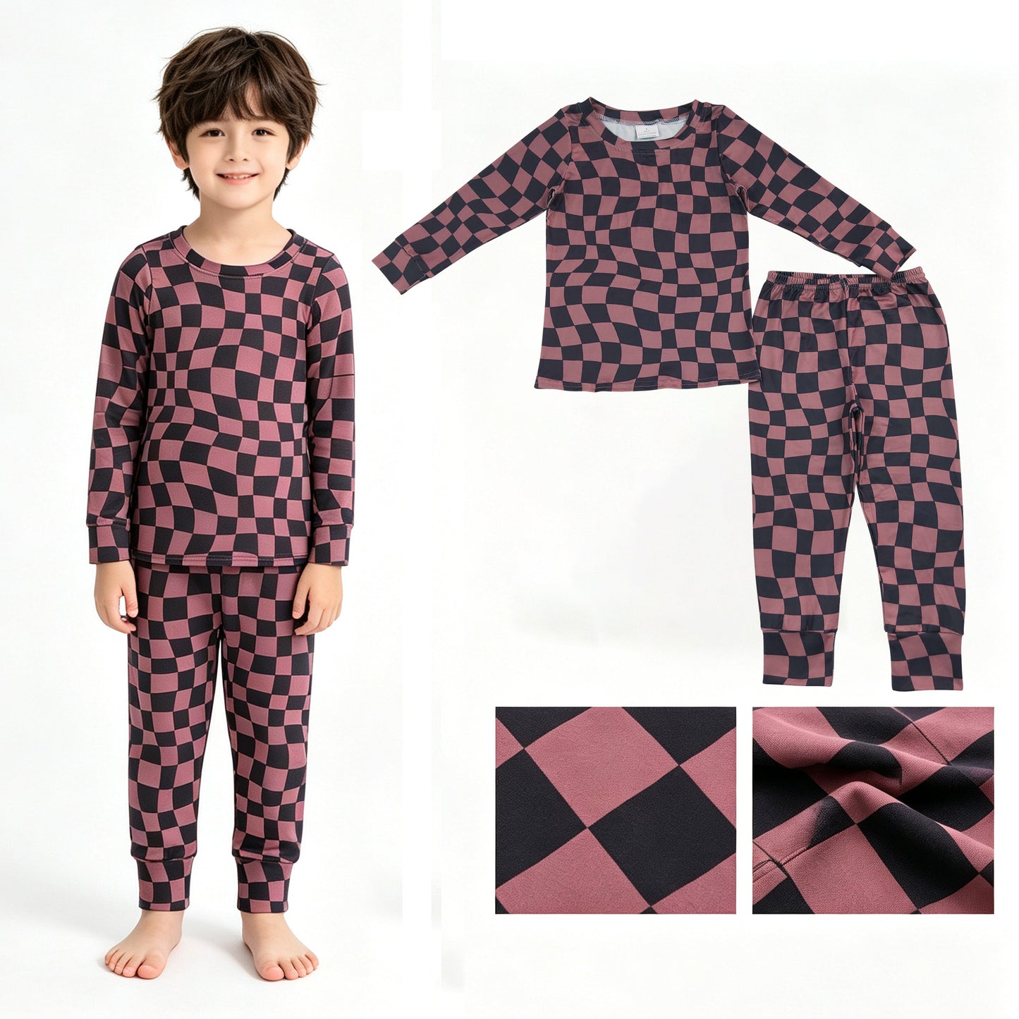 Plaid print long sleeve top matching pants boy outfit