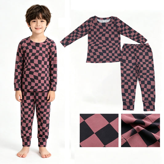 Plaid print long sleeve top matching pants boy outfit