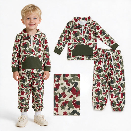 Christmas deer camo long sleeve pullover top matching pants boy outfit
