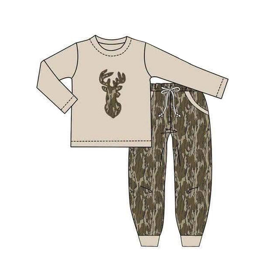 Deer camo print long sleeve top matching pants boy outfit preorder