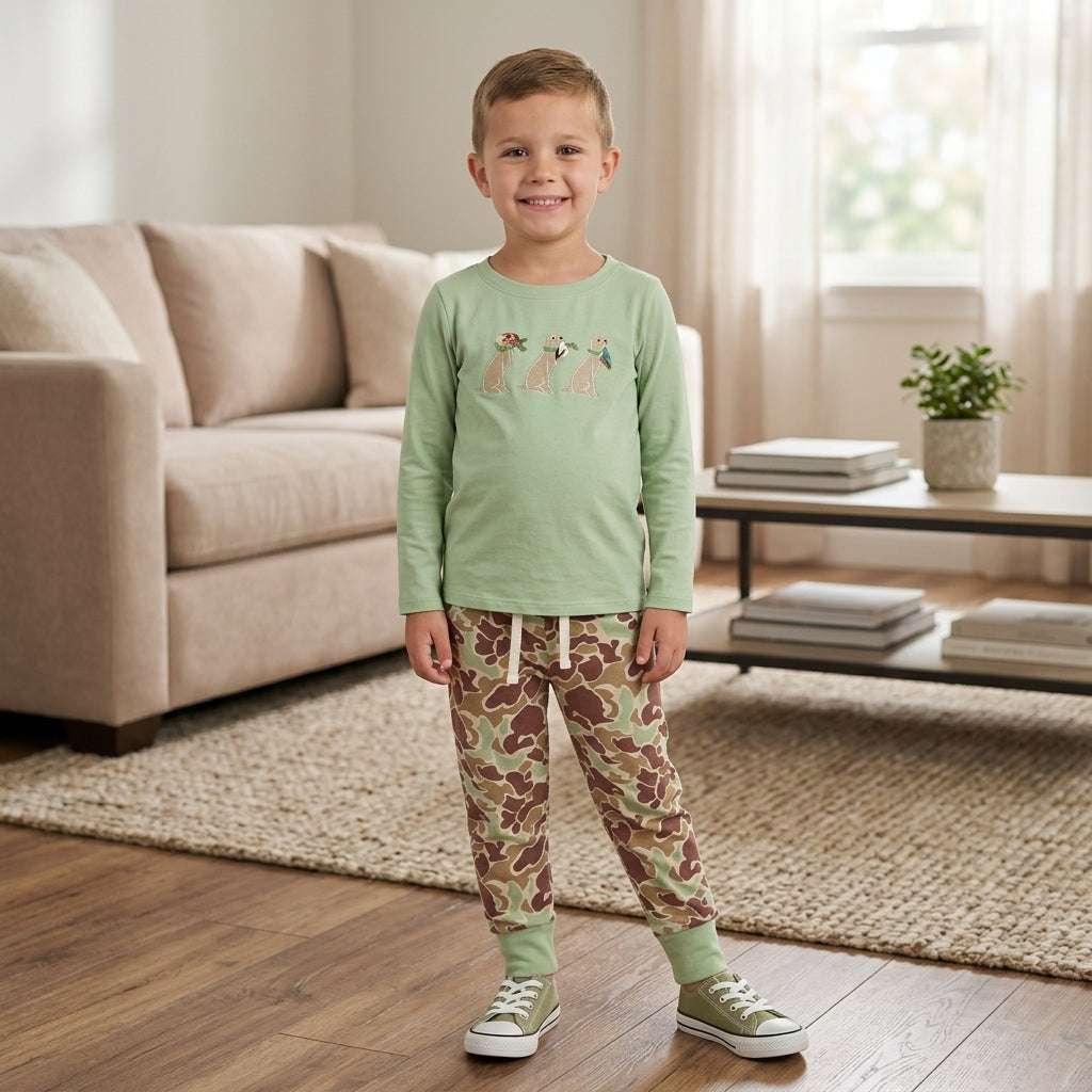 Dog duck print long sleeve top matching pants boy outfit