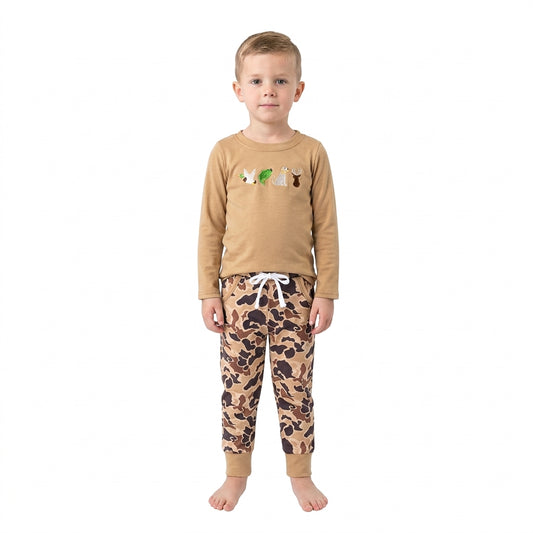 Dog fish duck embroidery print long sleeve top matching pants boy outfit