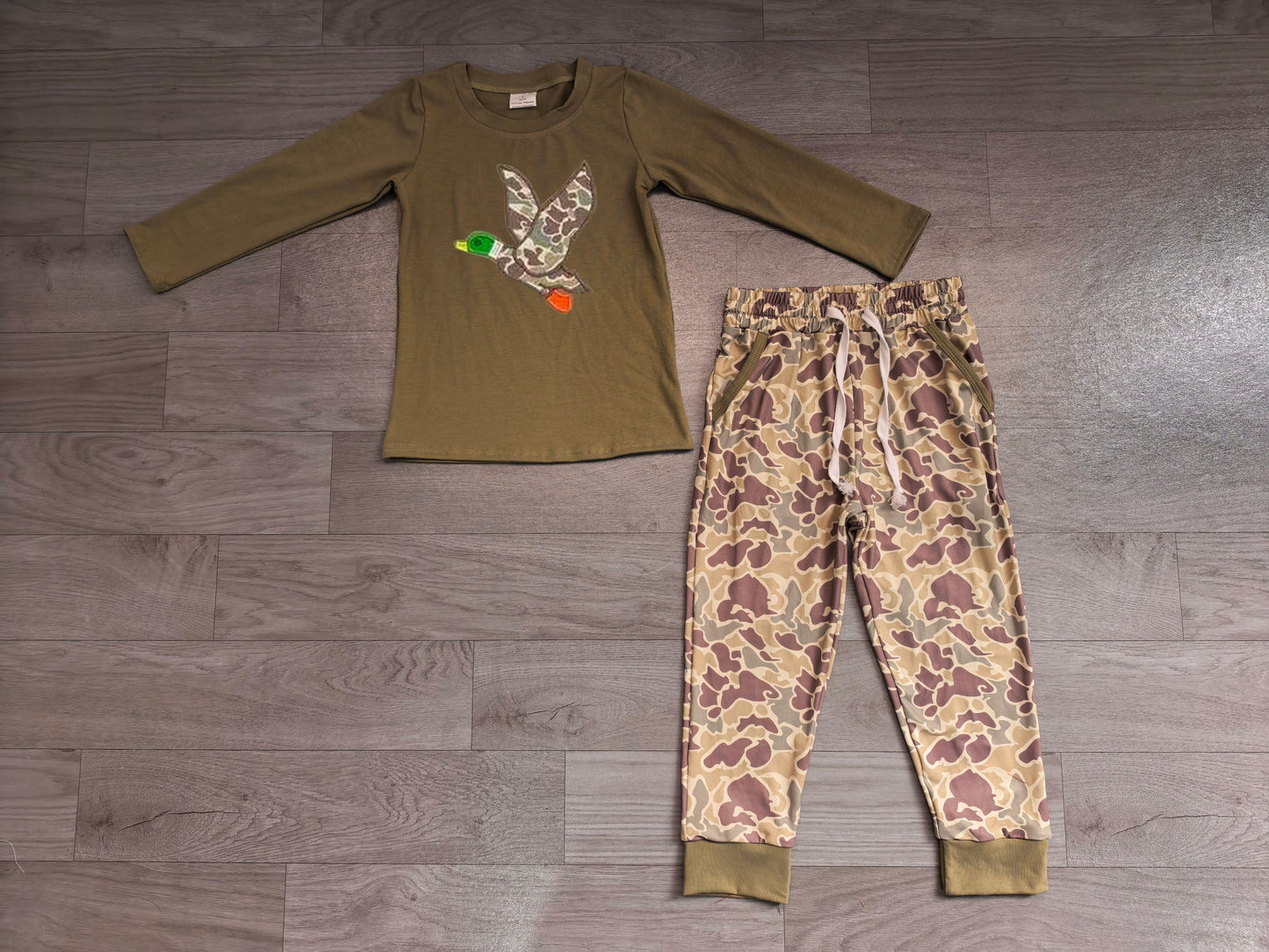 Camo duck embroidery print long sleeve top matching pants boy outfit preorder