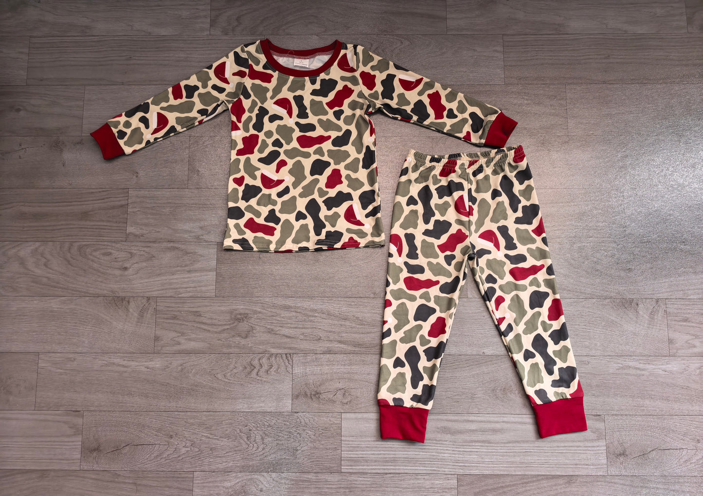 Christmas green red camo print bouy long sleeve pajama set preorder