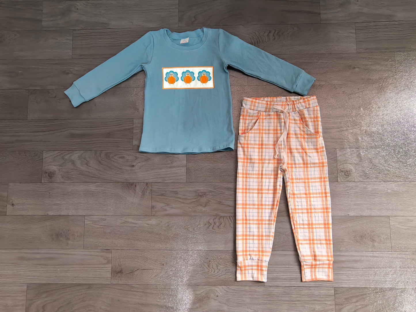 Thanksgiving turkey embroidery print long sleeve top matching pants boy outfit preorder