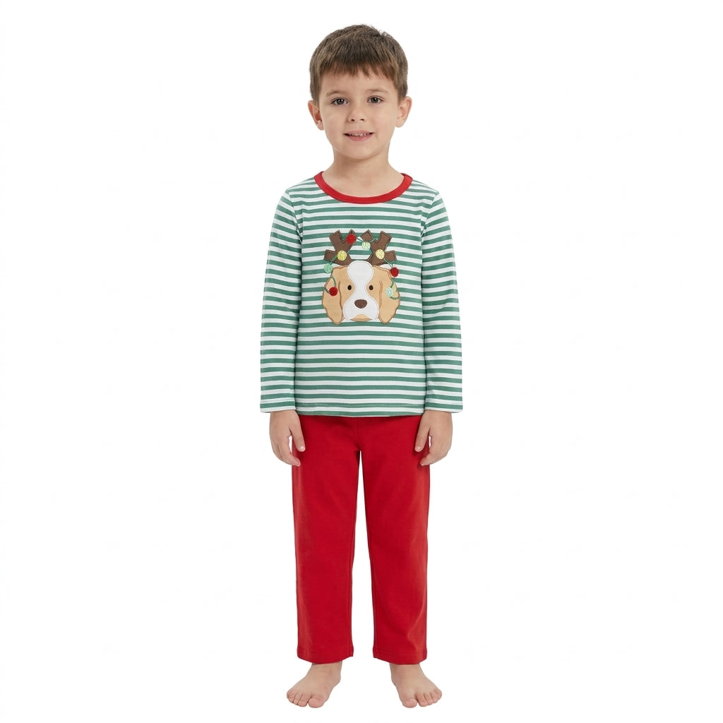 Boy long sleeve embroidery Christmas top matching pants fall outfit
