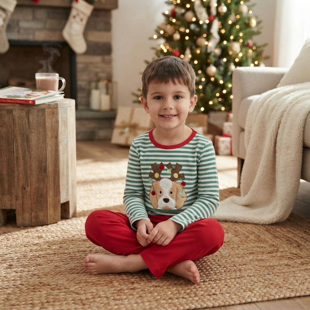 Boy long sleeve embroidery Christmas top matching pants fall outfit