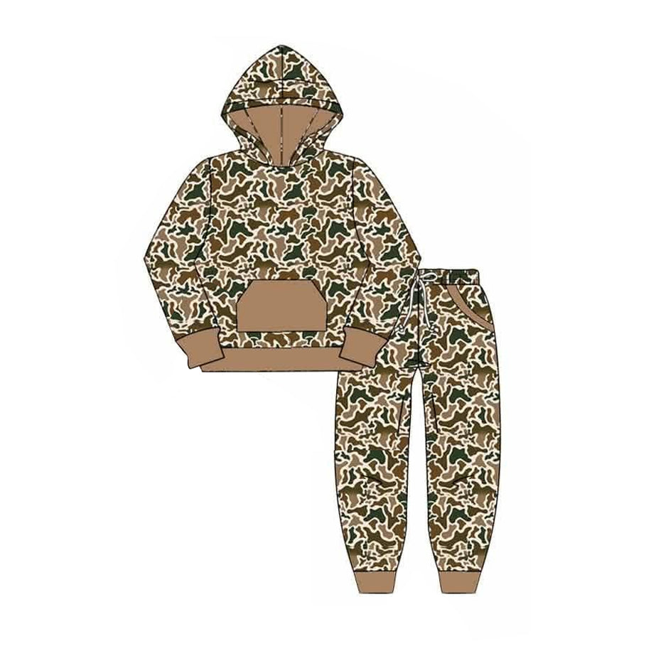 Khaki green camo print boys long sleeve hoodie set outfit preorder