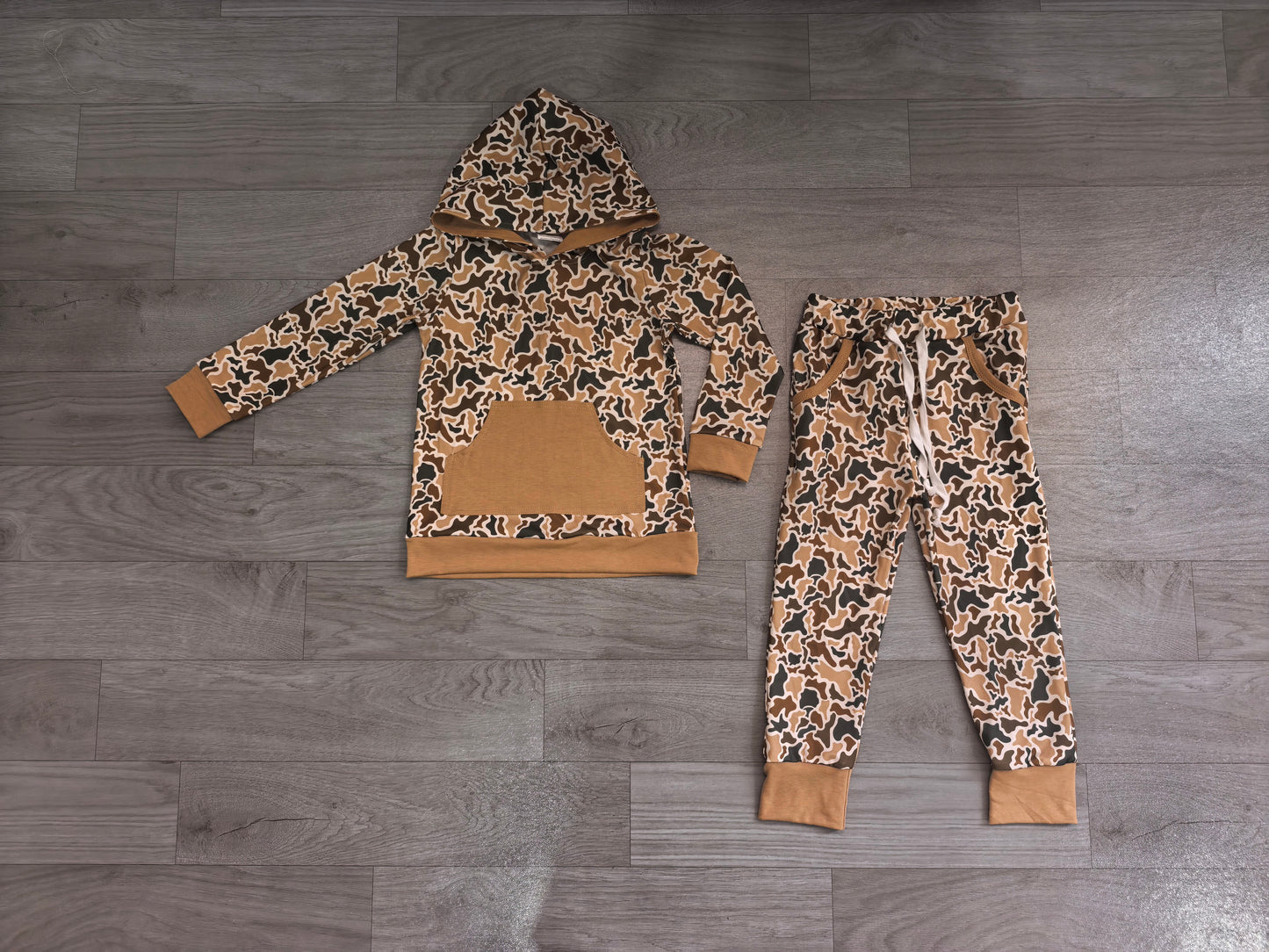 Khaki green camo print boys long sleeve hoodie set outfit preorder