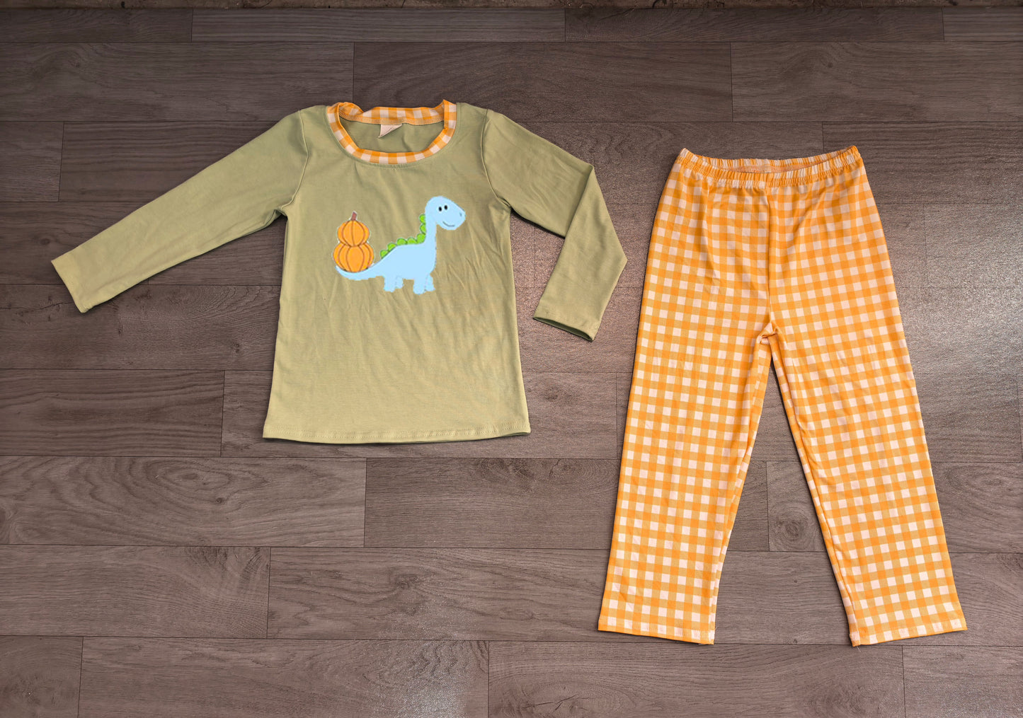 Long sleeve embroidery dinosaur pumpkin top matching pants girl wholesale factory price outfit preorder