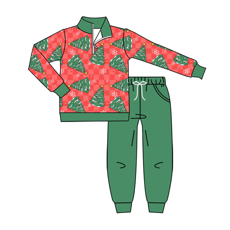 Christmas tree print boys long sleeve outfit preorder