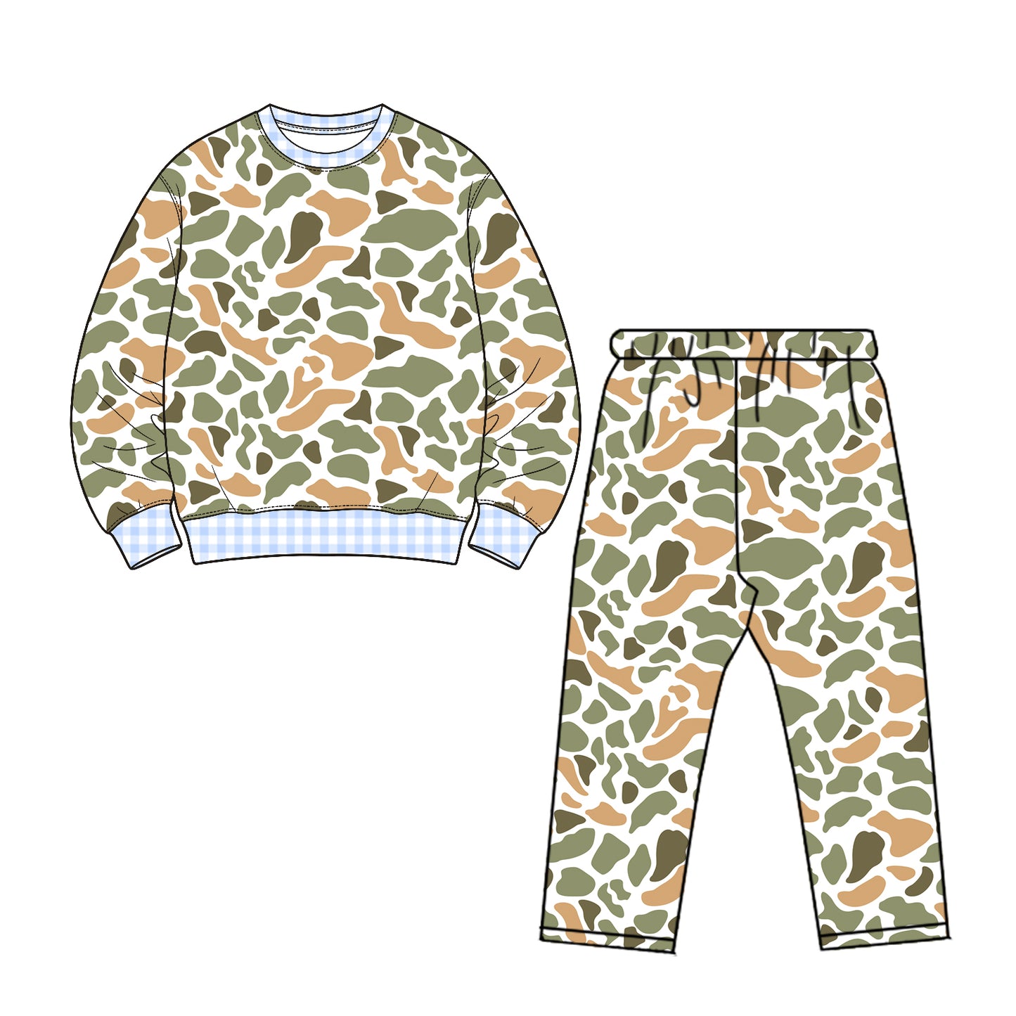 Orange green camo long sleeve top matching pants boys fall winter outfit preorder