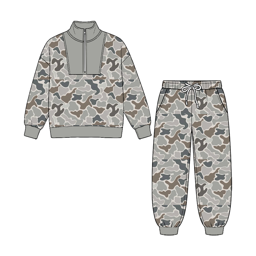 Dark grey long sleeve camo pullover top matching pants fall winter boys outfit preorder