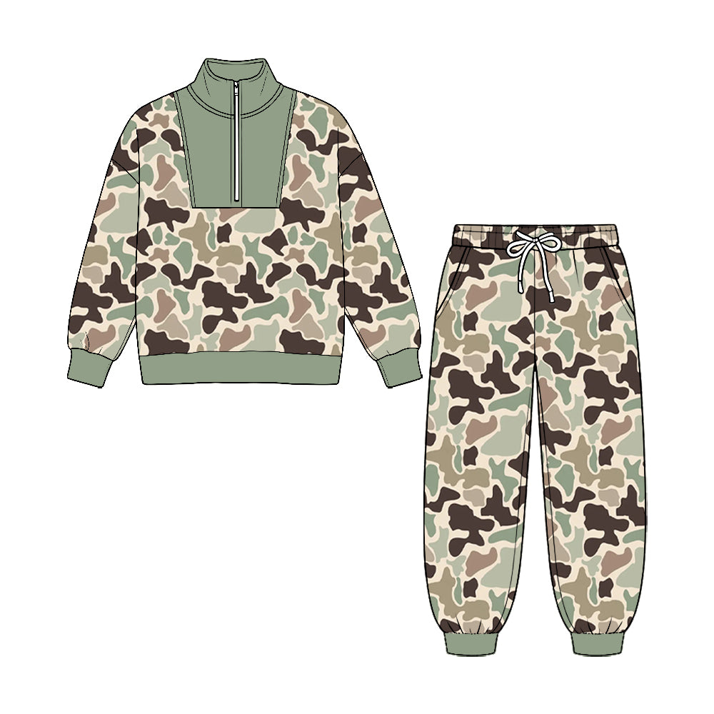 Green brown long sleeve camo pullover top matching pants fall winter boys outfit preorder