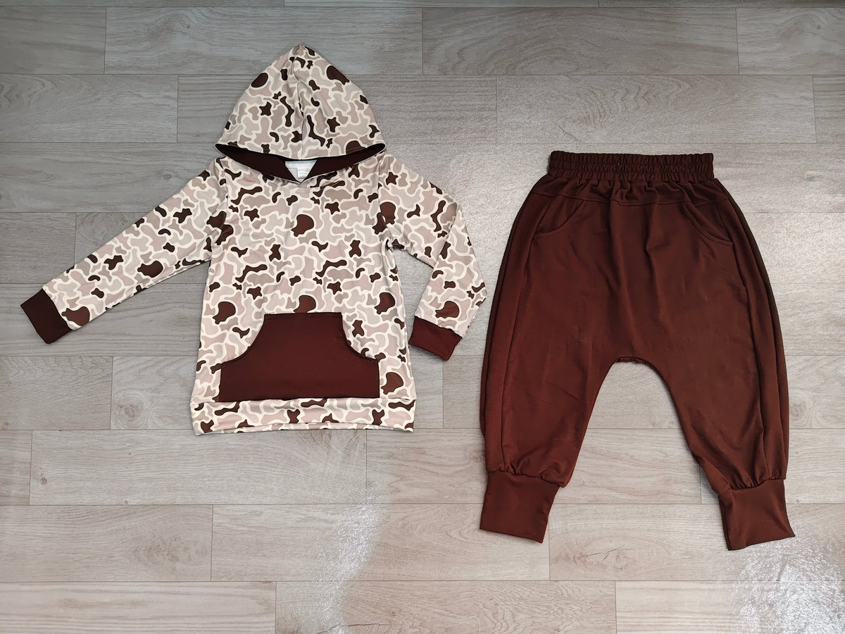 Long sleeve grey brown camo hoodie top matching pants boy outfit preorder