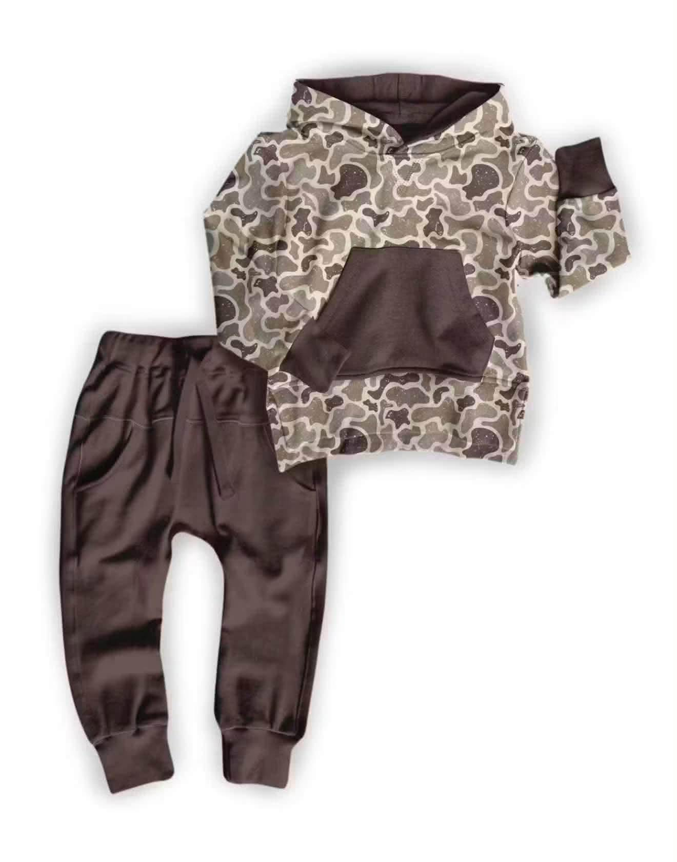 Long sleeve grey brown camo hoodie top matching pants boy outfit preorder