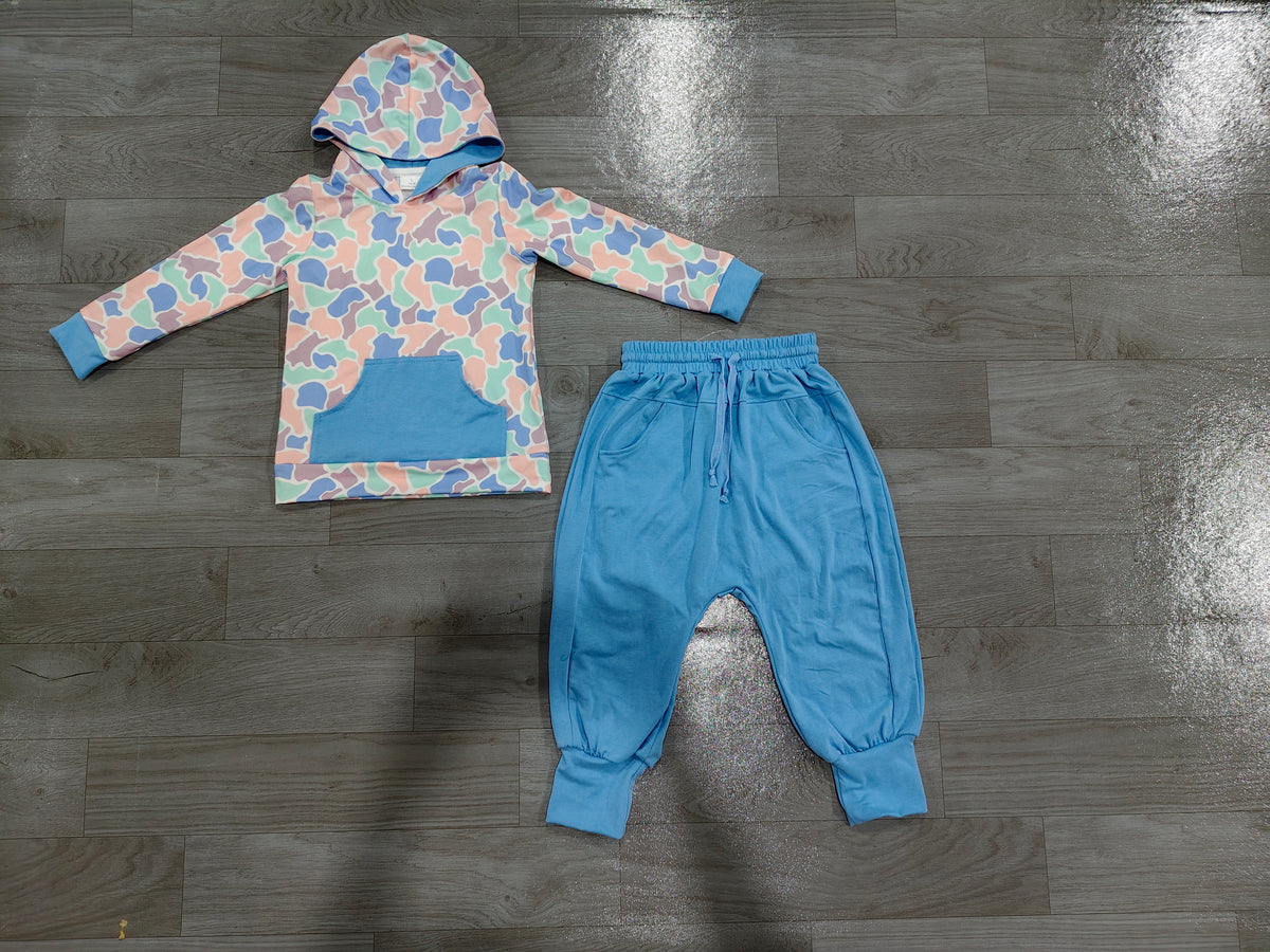 Long sleeve blue orange camo hoodie top matching pants boy outfit preorder