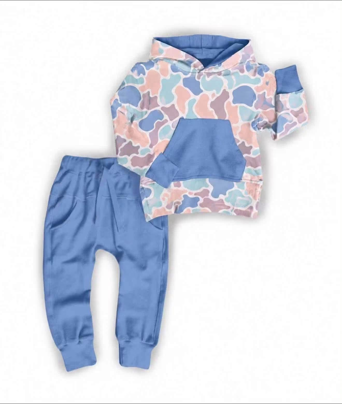 Long sleeve blue orange camo hoodie top matching pants boy outfit preorder