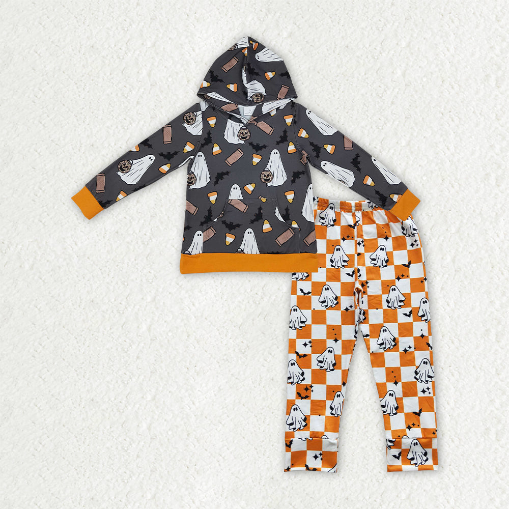 Halloween ghost print boys long sleeve hoodie set outfit