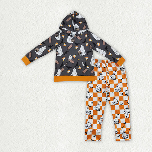 Halloween ghost print boys long sleeve hoodie set outfit