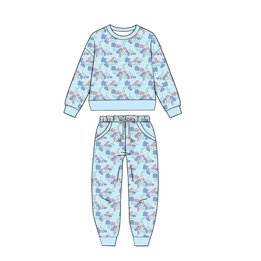 Blue camo print long sleeve top matching pants boys outfit preorder