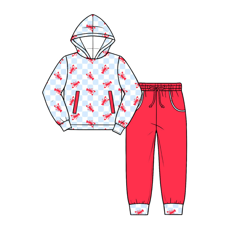 Crawfish blue plaid print boys long sleeve hoodie set outfit preorder