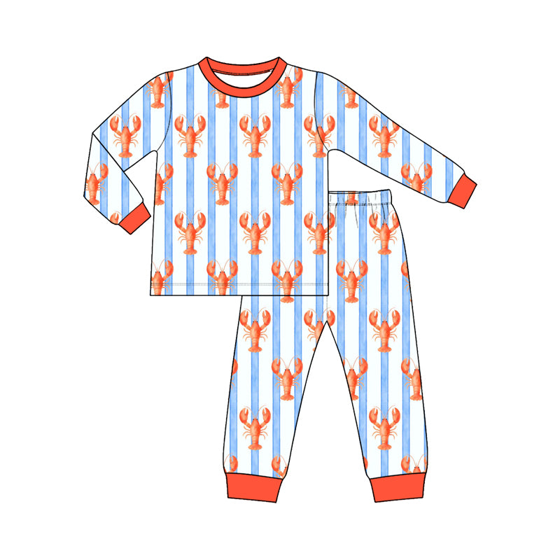 Crawfish blue stripes print boys long sleeve set outfit preorder