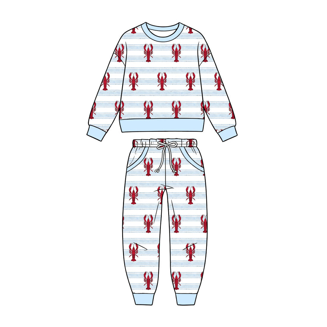 Crawfish blue stripes print top pocket pants boys long sleeve set outfit preorder