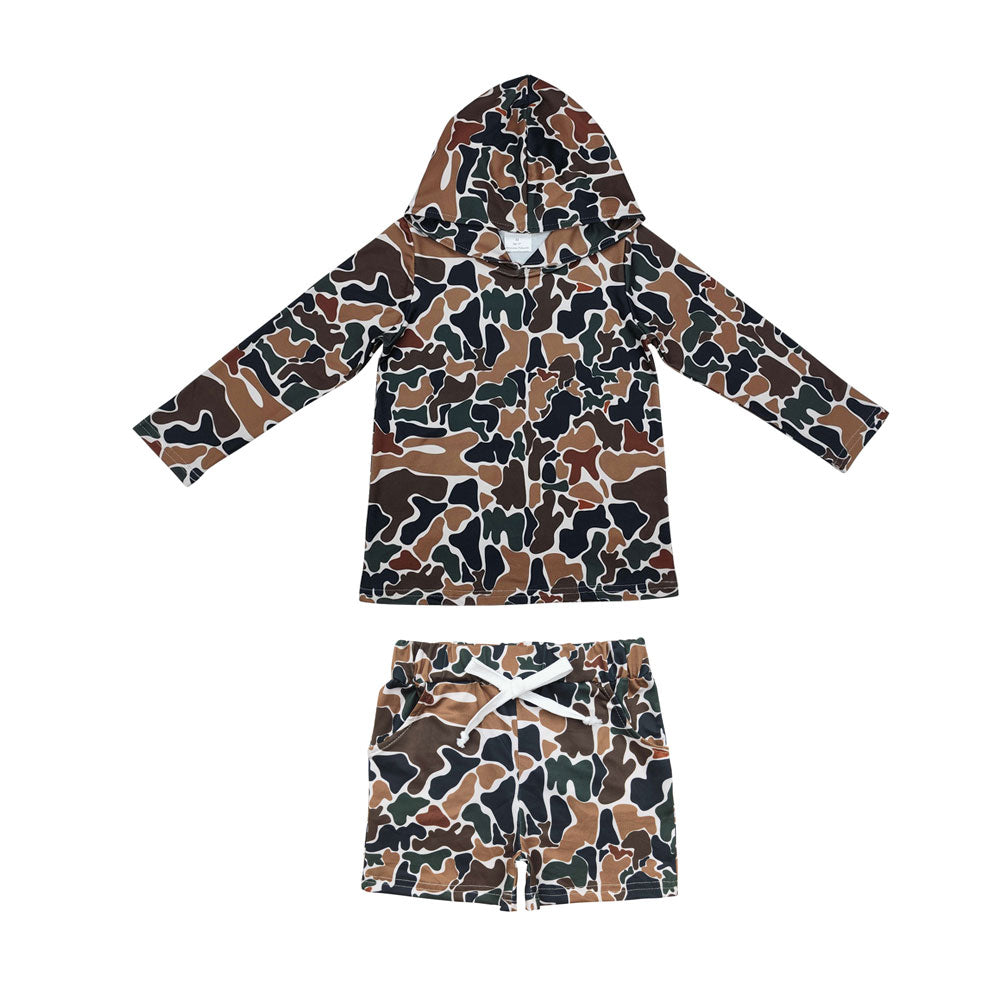 Brown camo hoodie top matching shorts boy summer outfit