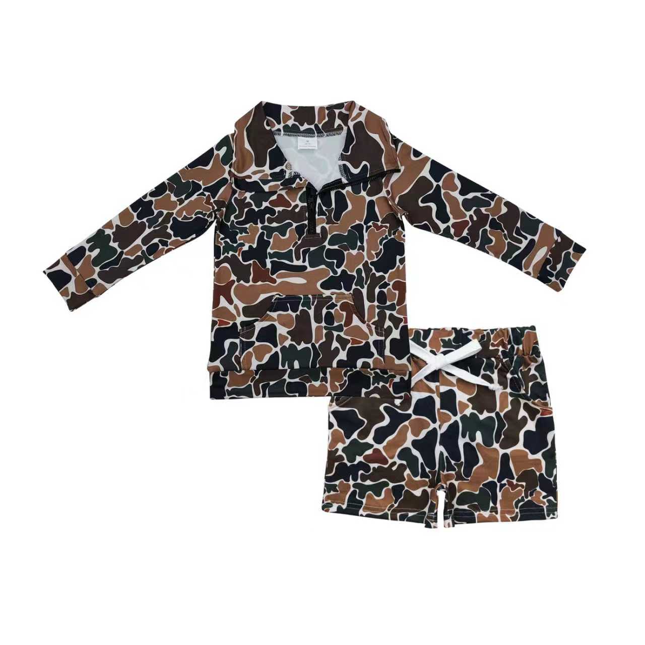 Brown camo pullover top matching shorts boy spring fall outfit