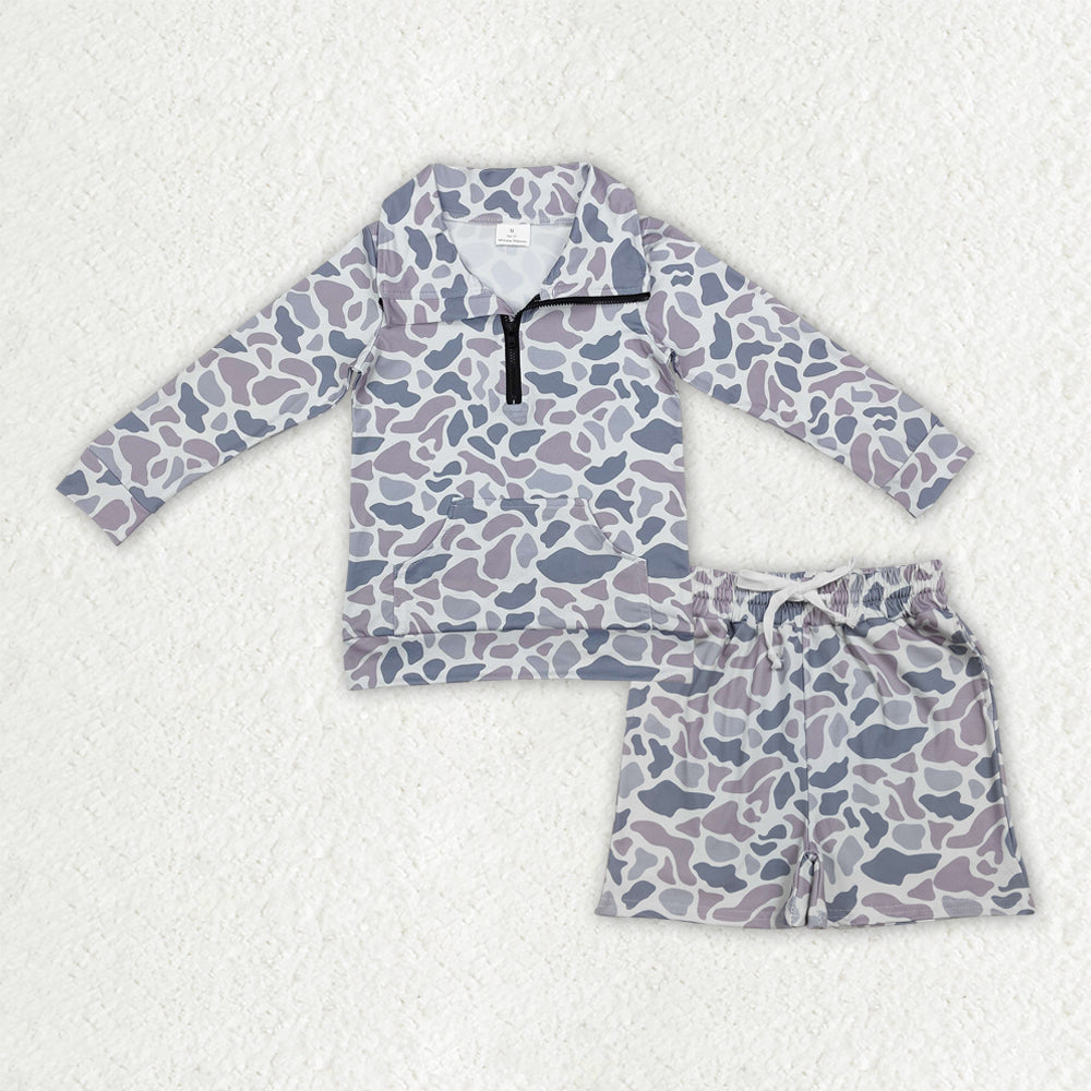 Light grey camo long sleeve pullover top matching shorts baby boy outfit