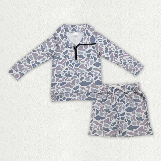 Light grey camo long sleeve pullover top matching shorts baby boy outfit
