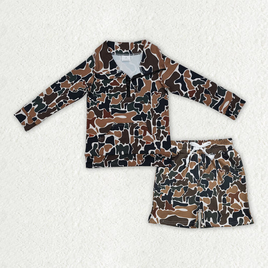 Dark green camo long sleeve pullover top matching shorts baby boy outfit
