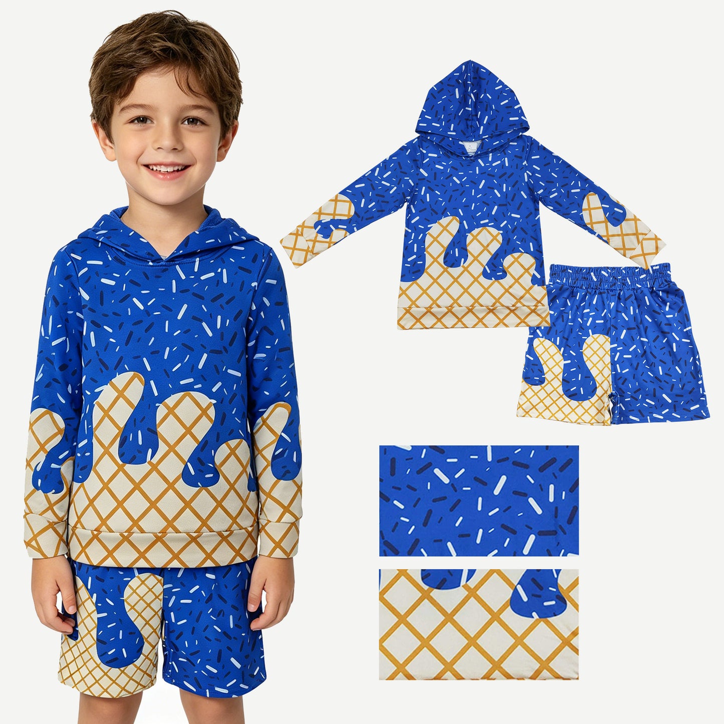 Dark Blue Sprinkle hoodie top matching shorts boy summer new outfit