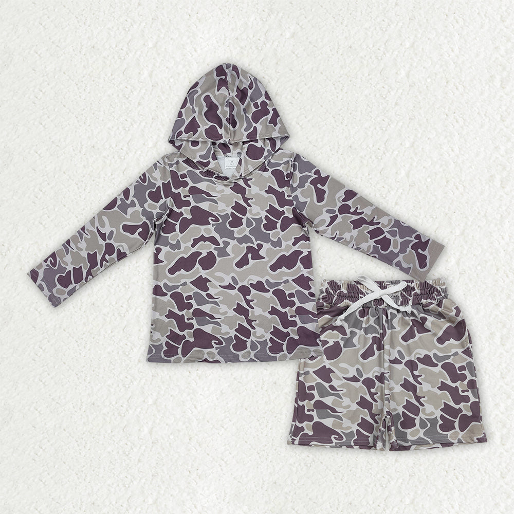 Grey Camo long sleeve hoodie top matching shorts boy outfit